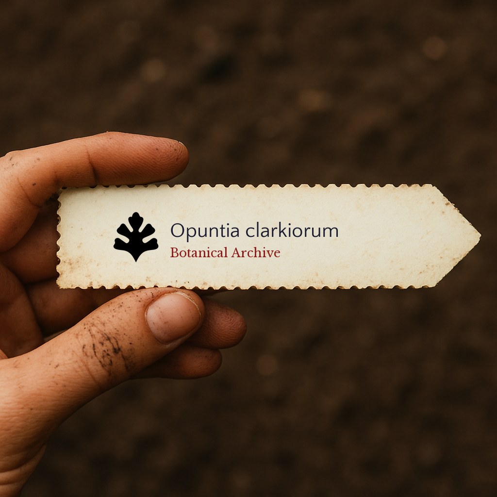 Etichetta per piante stampata per Opuntia clarkiorum tenuta a mano con sfondo di terreno