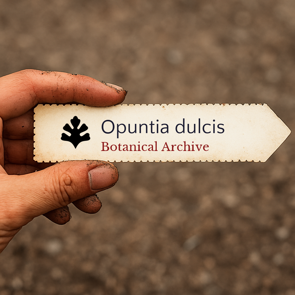 Printed plant label for Opuntia dulcis held by hand with soil background