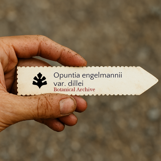 Etichetta per pianta stampata per Opuntia engelmannii var. dillei tenuta a mano con sfondo di terra
