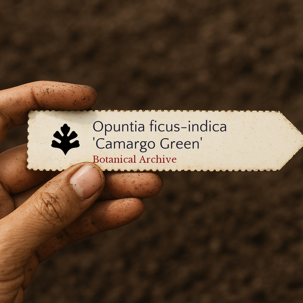 Etichetta per pianta stampata per Opuntia ficus-indica 'Camargo Green' tenuta da una mano sporca su sfondo di terreno