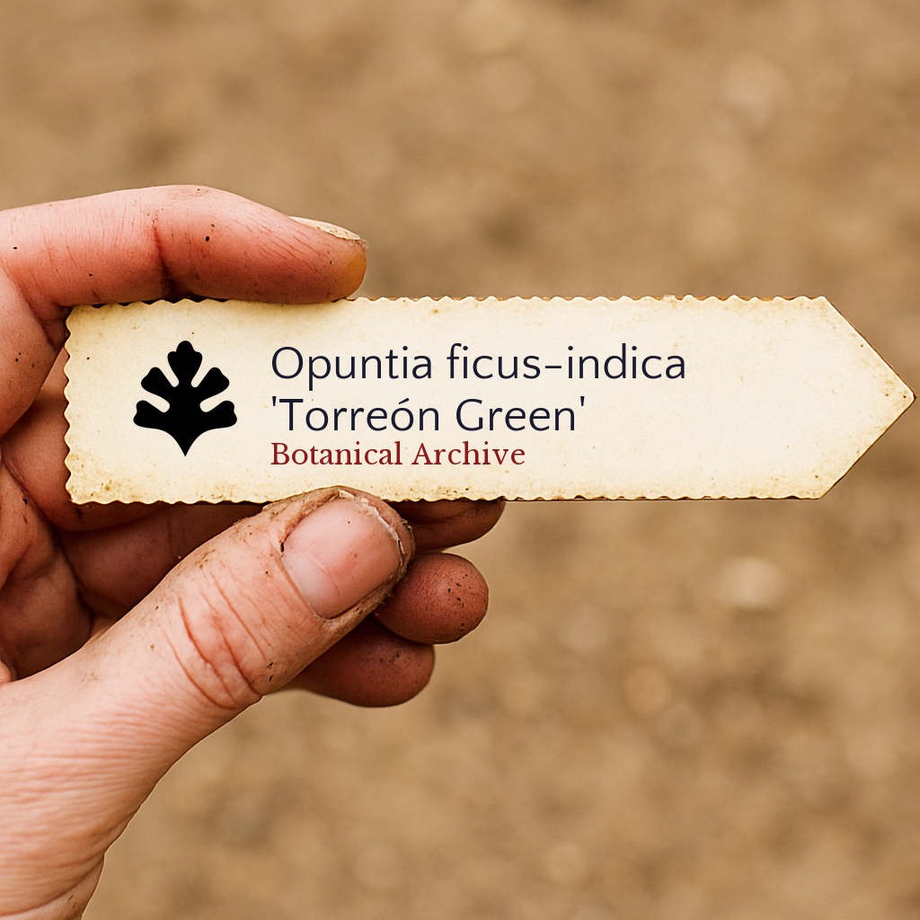 Printed plant label for Opuntia ficus-indica 'Torreón Green' held in hand outdoors