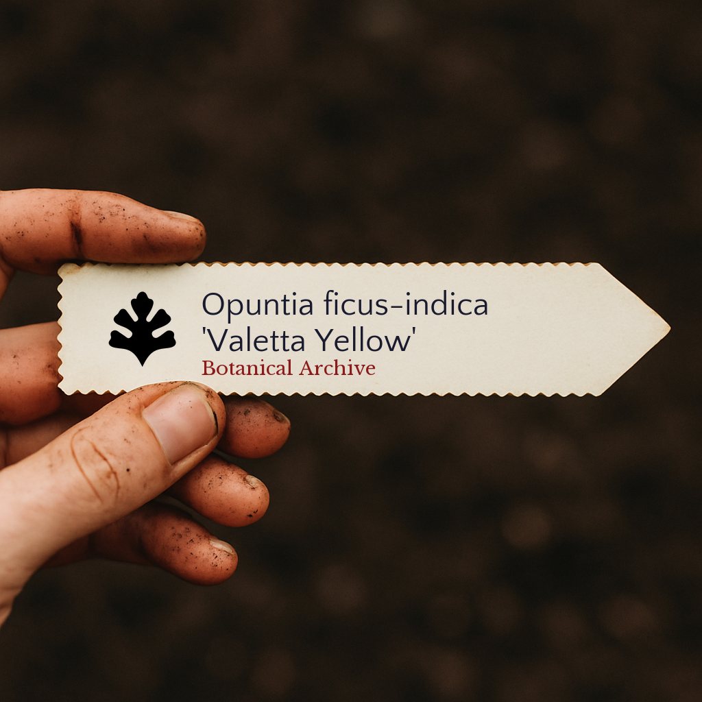 Etichetta stampata per pianta di Opuntia ficus-indica 'Valetta Yellow' mostrata su sfondo di terreno