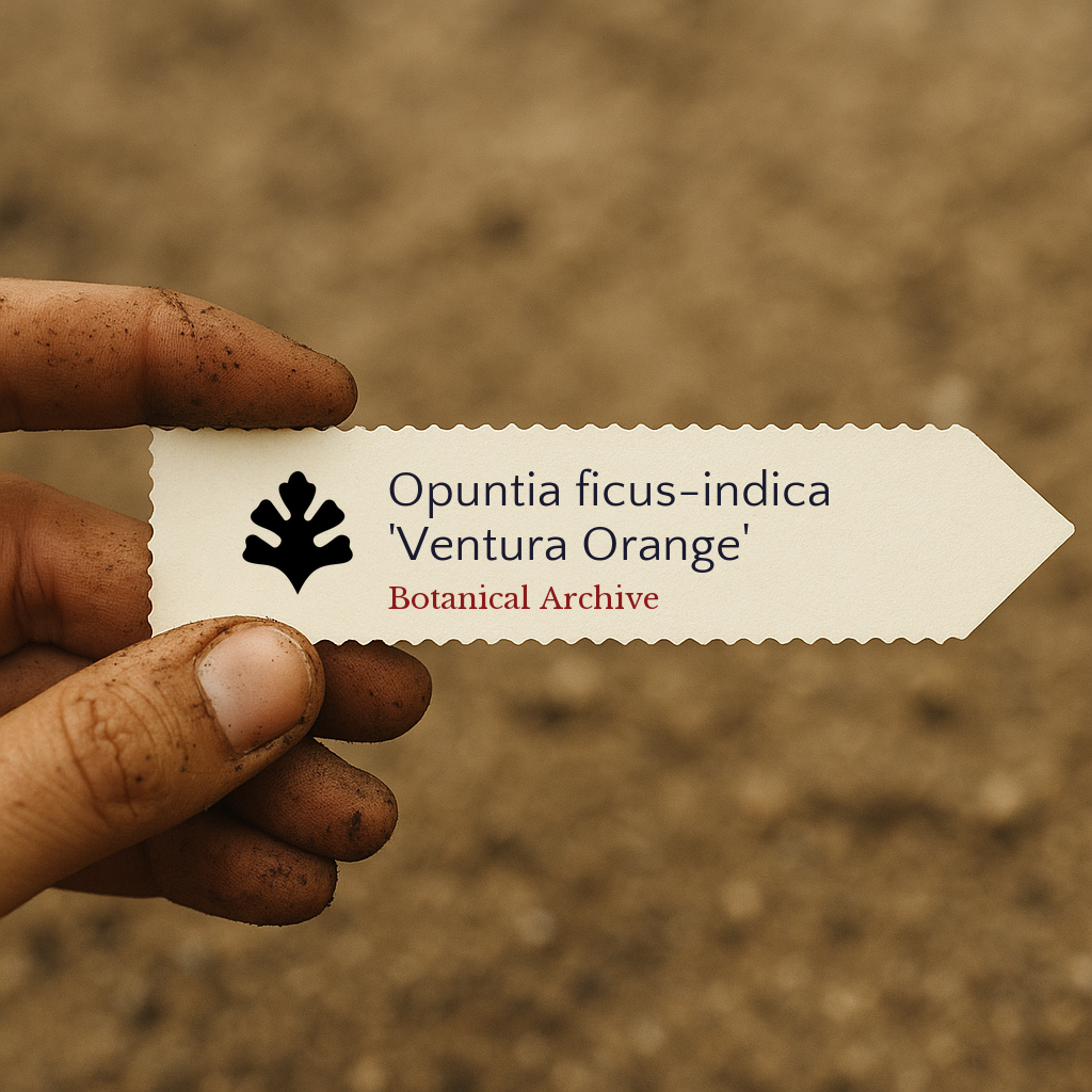 Etichetta stampata per pianta di Opuntia ficus-indica 'Ventura Orange' tenuta da mano sporca all'aperto