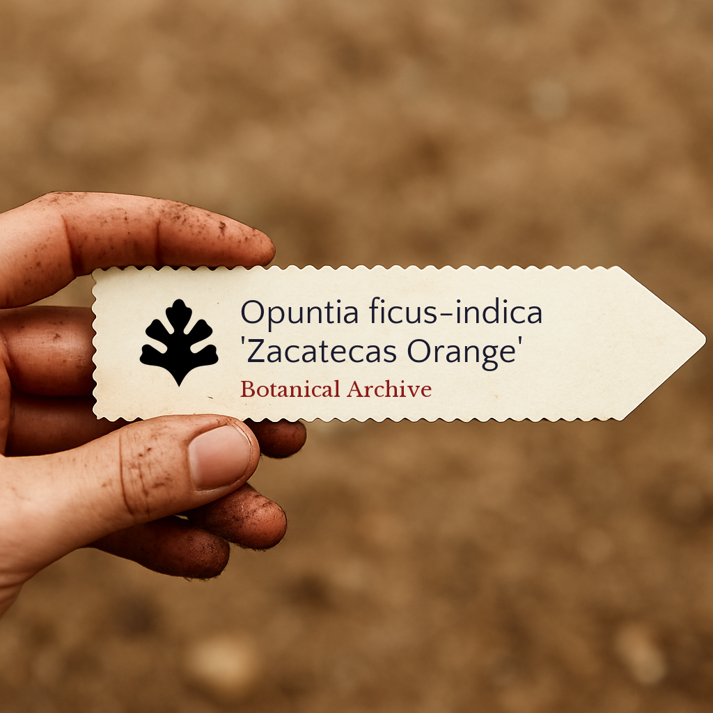 Etichetta stampata per pianta di Opuntia ficus-indica 'Zacatecas Orange' tenuta in mano con sfondo di terra