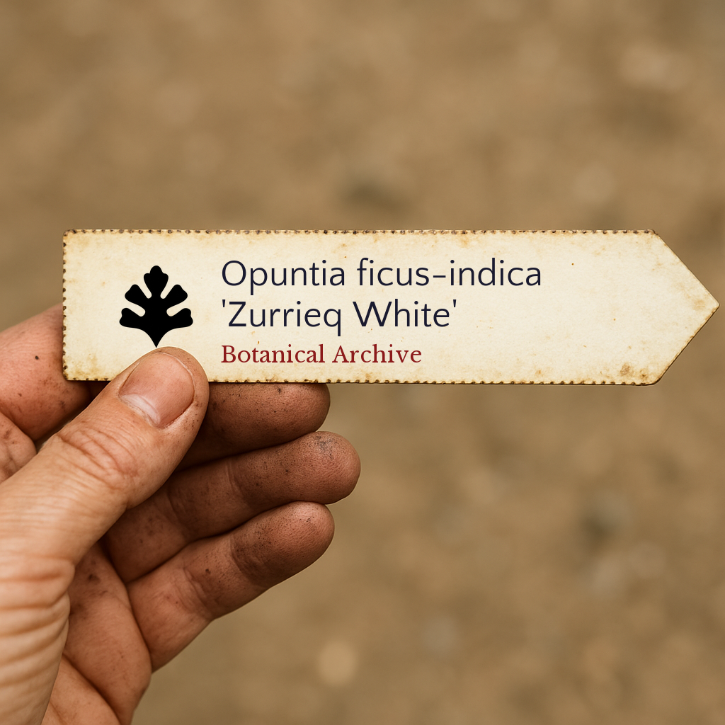 Etichetta stampata per pianta di Opuntia ficus-indica 'Zurrieq White' tenuta a mano con sfondo di terra