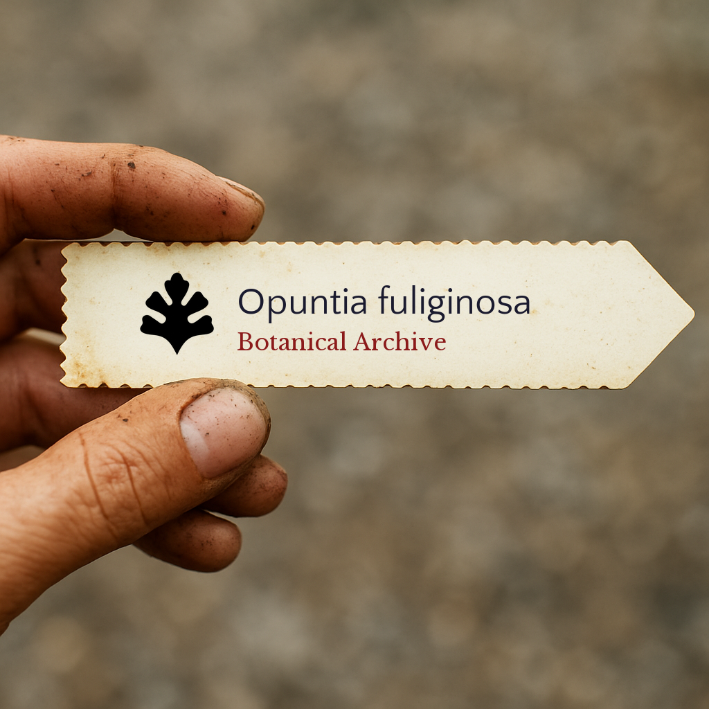 Printed plant label for Opuntia fuliginosa held by hand with dirt background