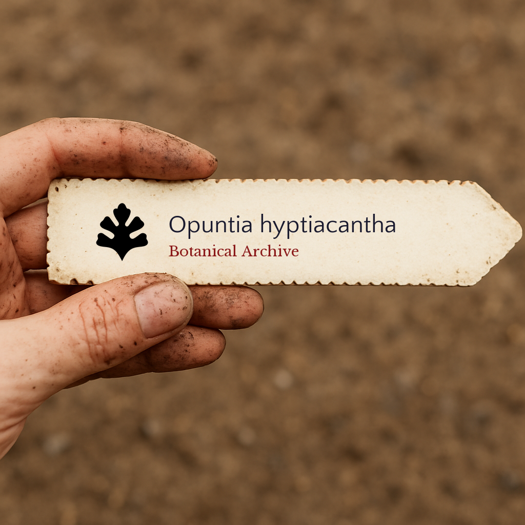 Printed plant label for Opuntia hyptiacantha held by dirty hand over soil background