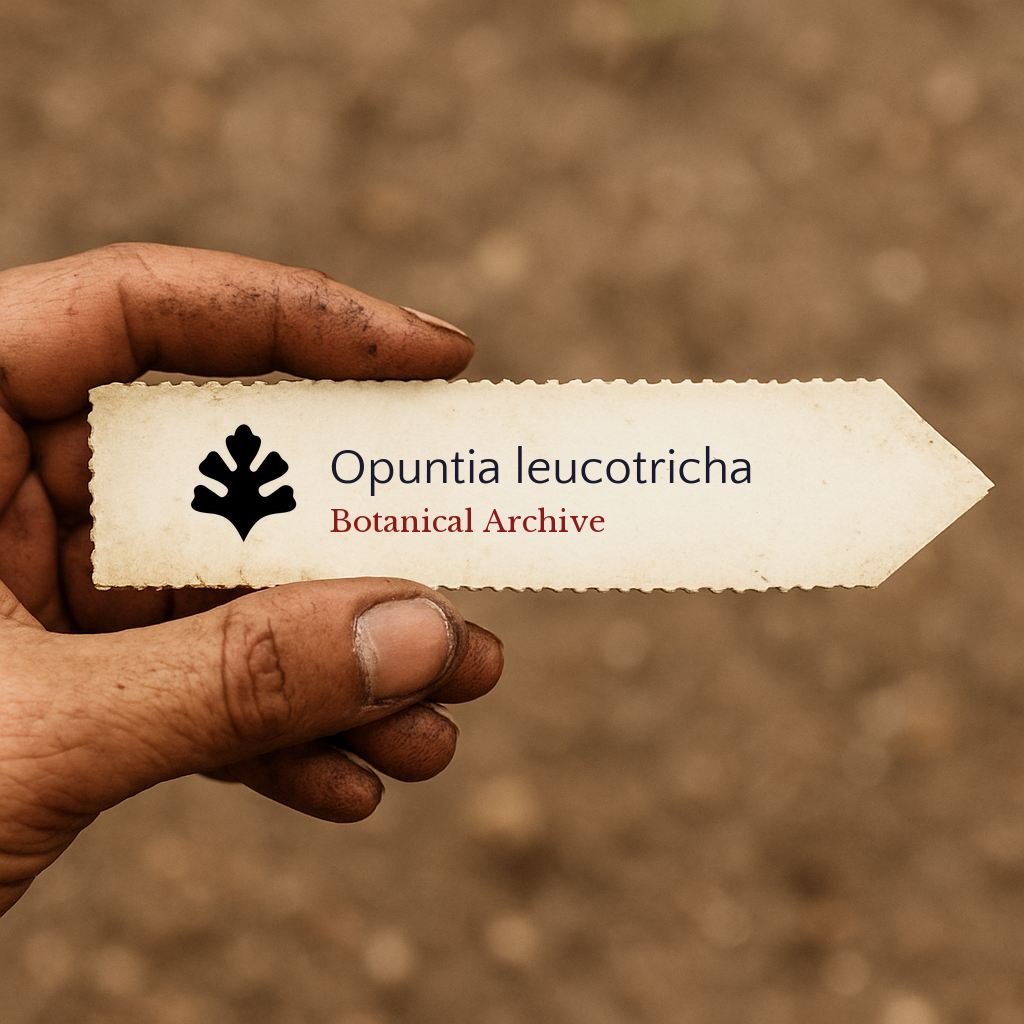 Printed plant label for Opuntia leucotricha held by hand with soil background