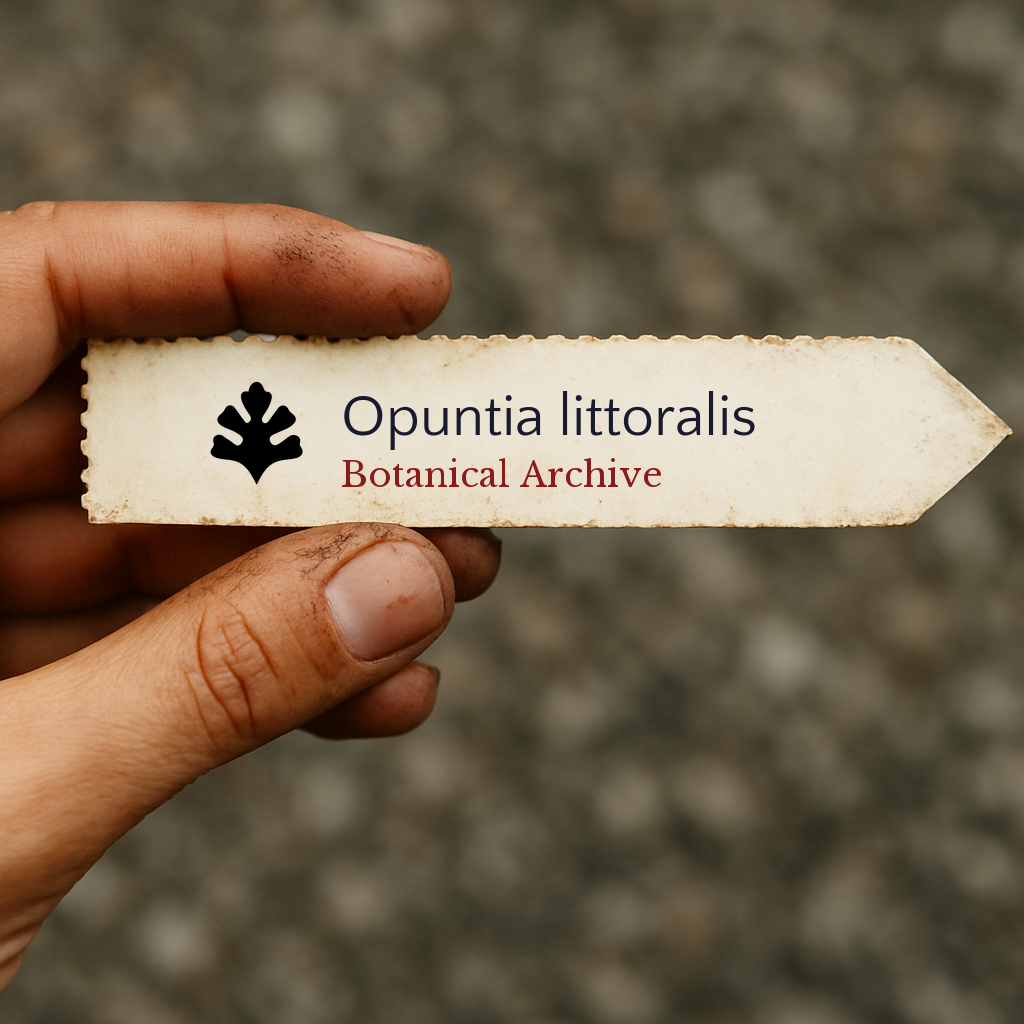 Etichetta stampata dell'archivio botanico per Opuntia littoralis tenuta a mano con dita sporche di terra