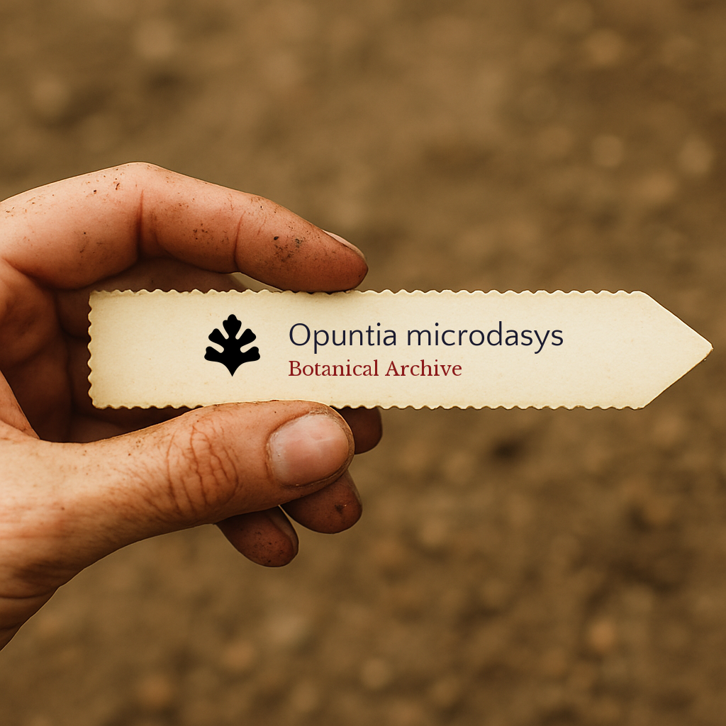 Printed plant label for Opuntia microdasys held in hand with soil background