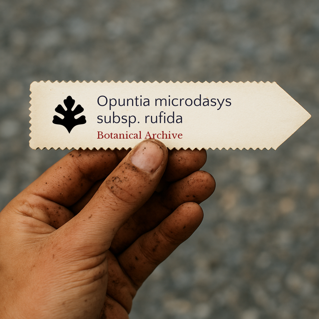 Printed plant label for Opuntia microdasys subsp. rufida held by dirty hand outdoors