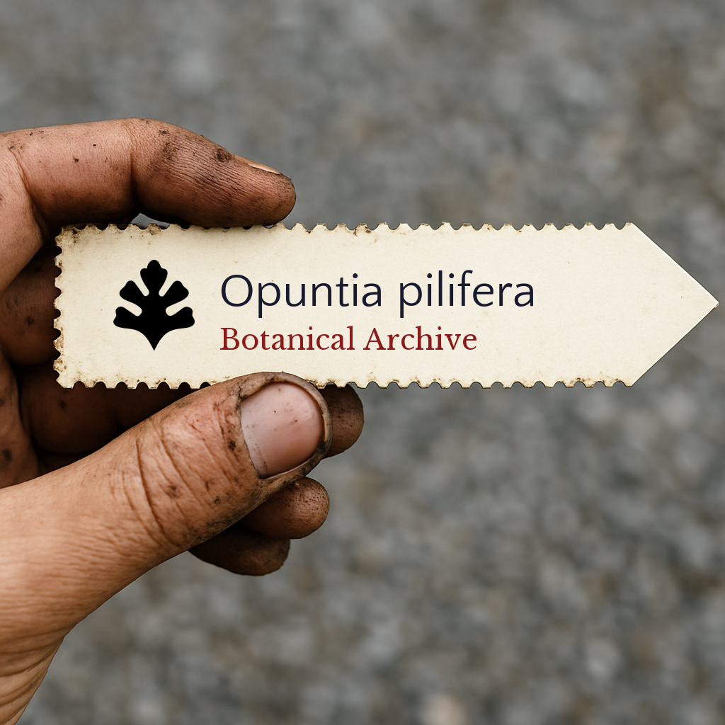 Printed plant label for Opuntia pilifera held by dirty hand on blurred background