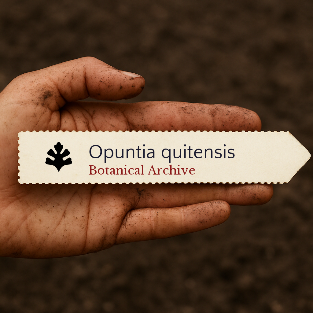 Printed plant label for Opuntia quitensis held in a dirty hand against soil background