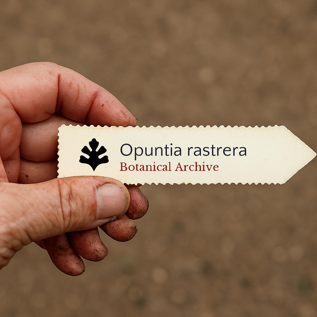 Printed plant label for Opuntia rastrera held by hand over soil background