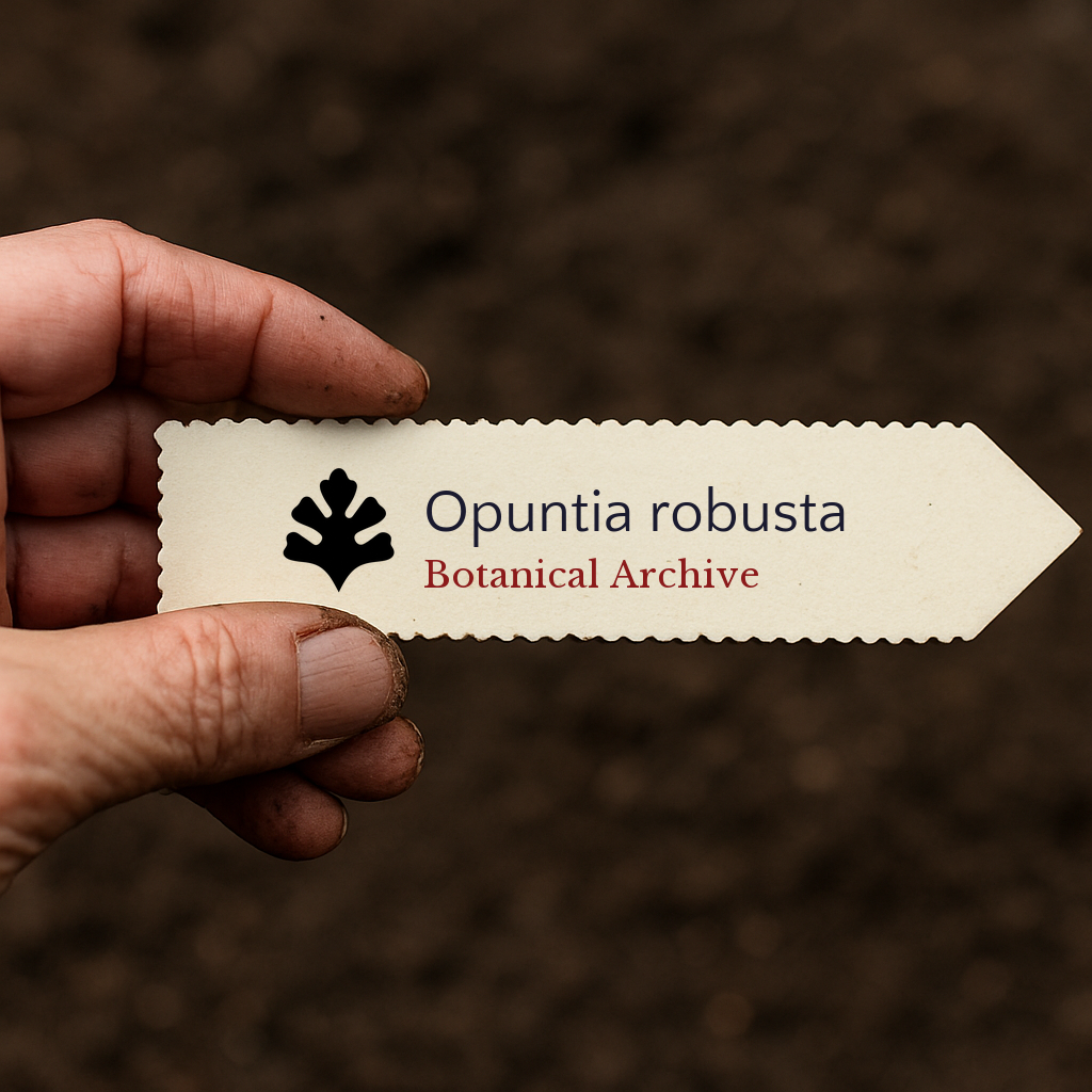 Etichetta per piante stampata per Opuntia robusta tenuta a mano su sfondo di terreno