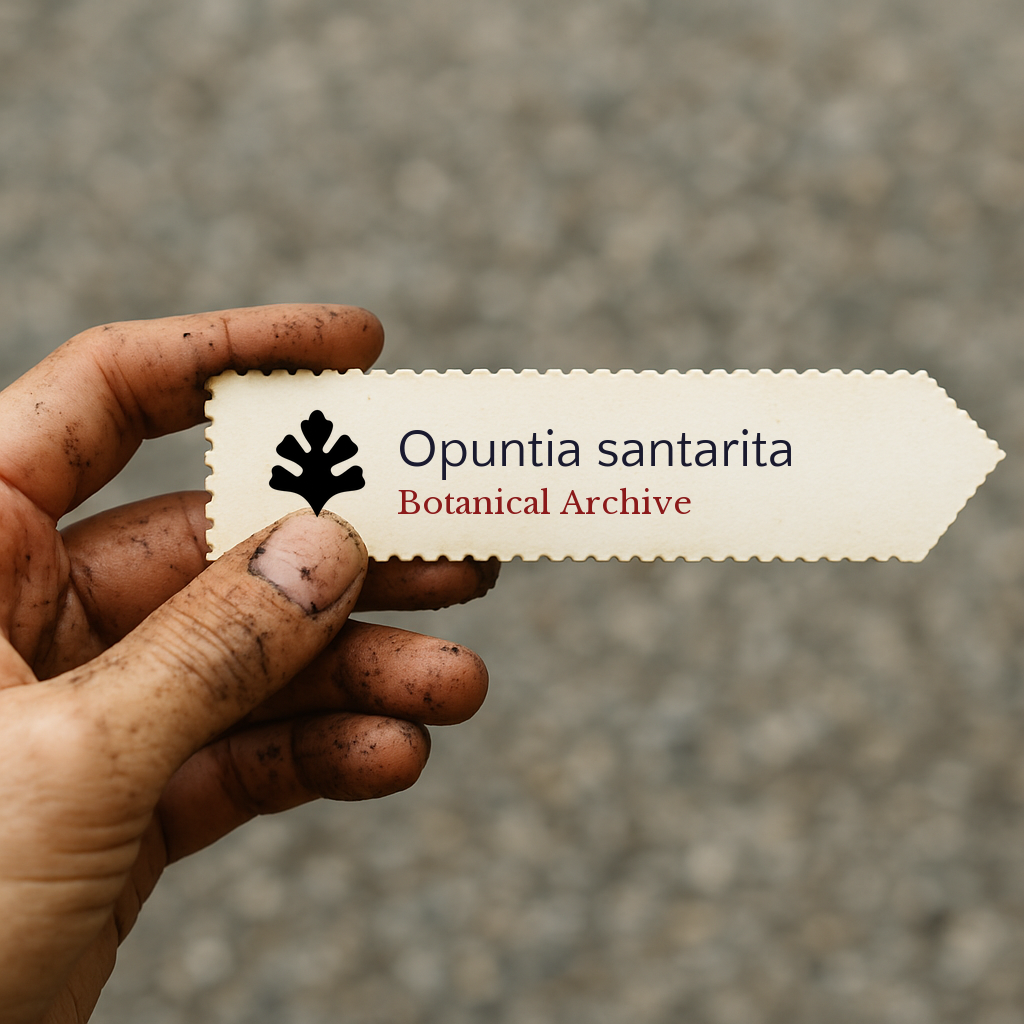 Printed plant label for Opuntia santarita held by dirty hand with blurred background