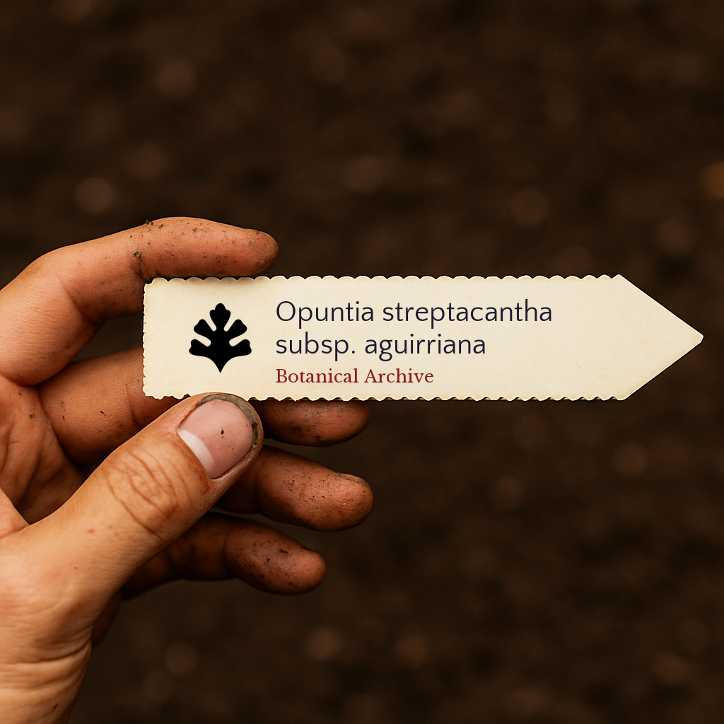 Etichetta stampata per pianta di Opuntia streptacantha subsp. aguirriana tenuta in mano con sfondo di terreno