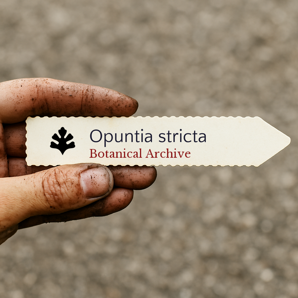 Etichetta stampata per pianta di Opuntia stricta tenuta da una mano sporca all'aperto