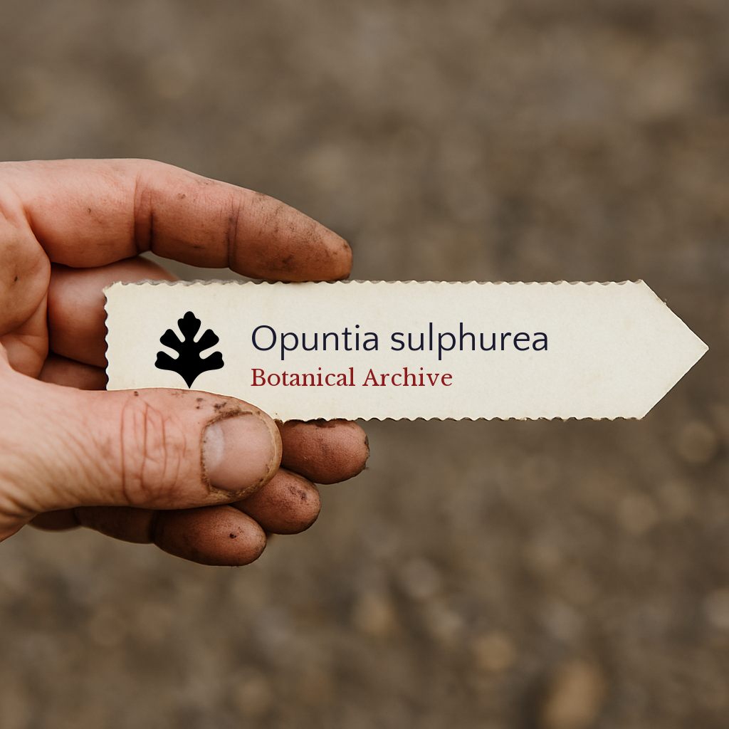 Printed plant label for Opuntia sulphurea held by hand with soil background