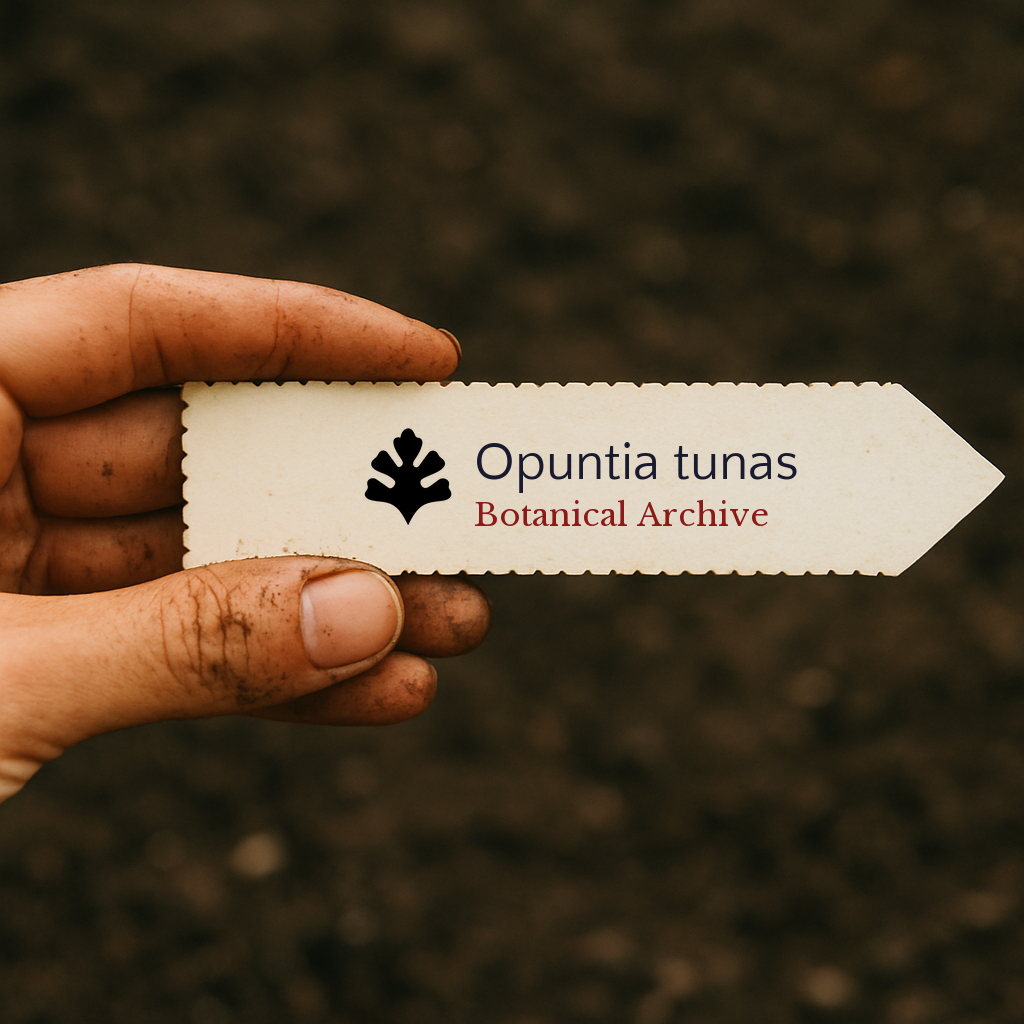 Printed plant label for Opuntia tunas held by hand with soil background