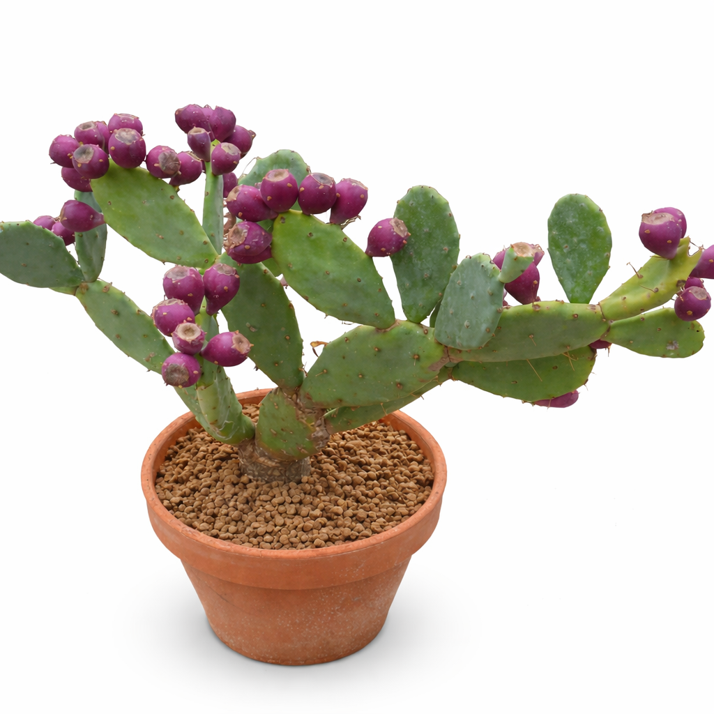 Opuntia balearica cactus with green pads and purple fruit in terracotta pot