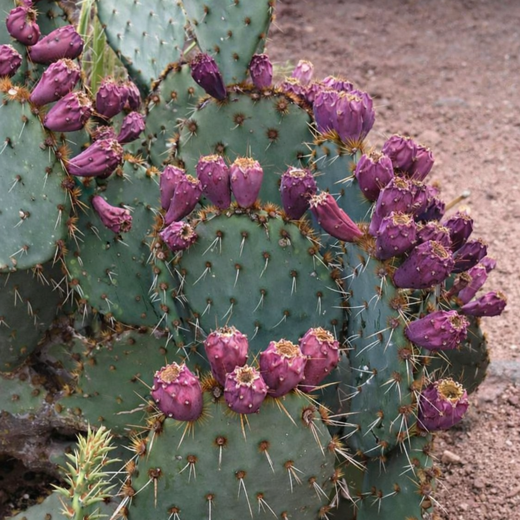 Cactus Opuntia engelmannii con pale verdi e numerosi frutti viola