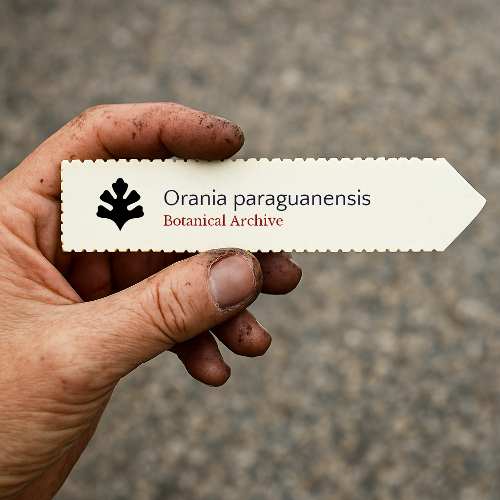 Etichetta per pianta stampata per Orania paraguanensis tenuta da mano sporca all'aperto