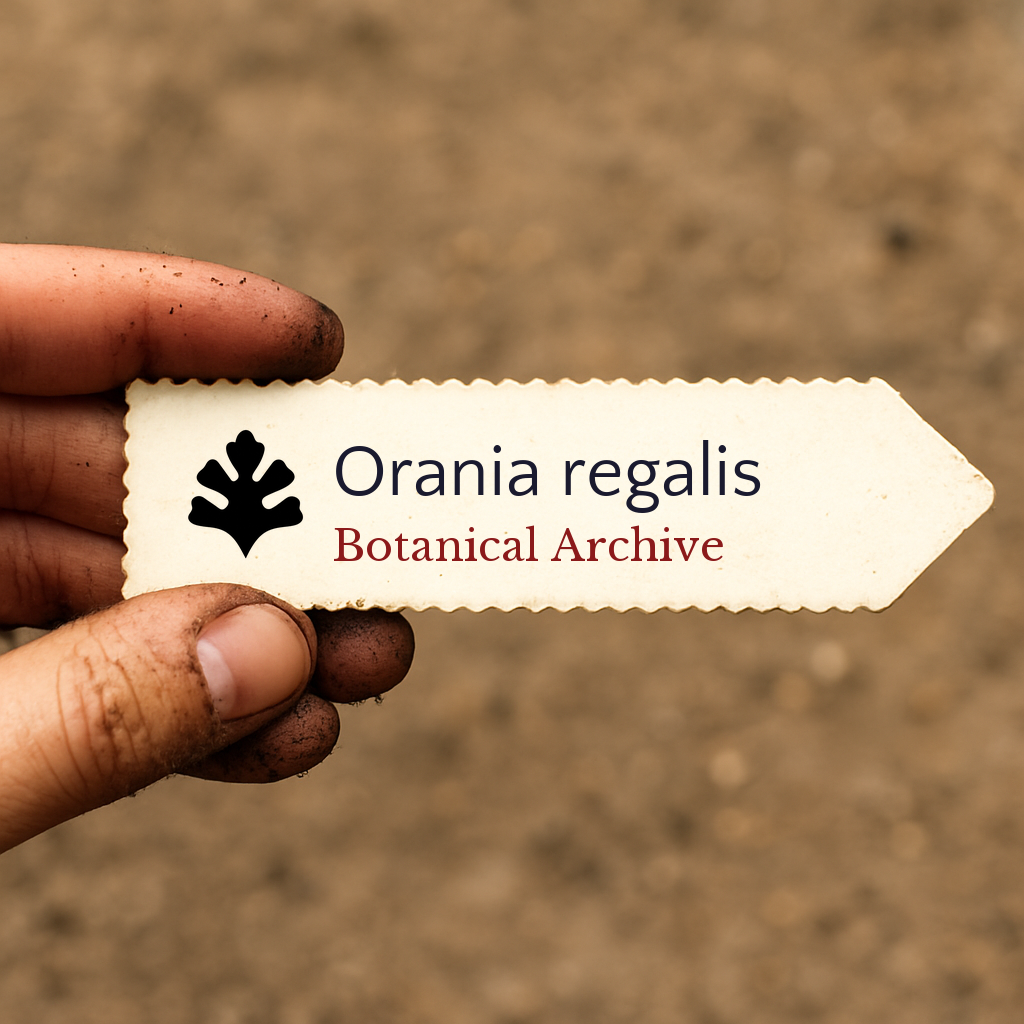 Printed plant label for Orania regalis held by hand with soil background