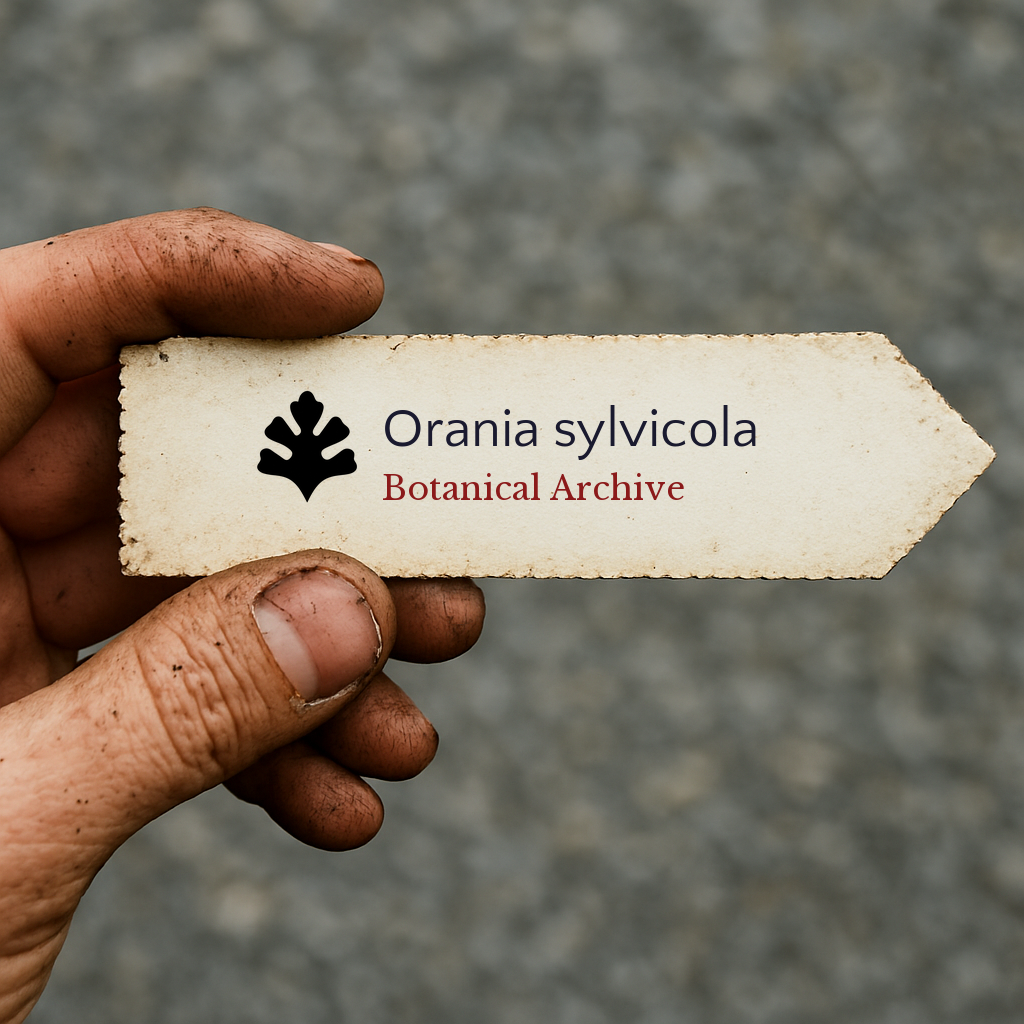 Printed plant label for Orania sylvicola held by dirty hand on gray background