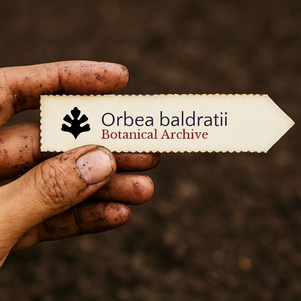 Printed plant label for Orbea baldratii held by dirty hand over soil background