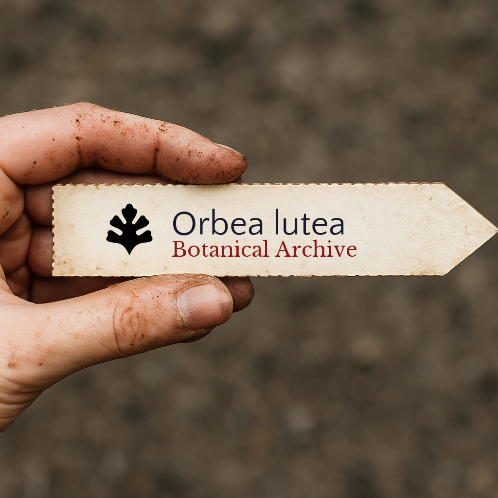 Printed plant label for Orbea lutea held by dirty hand against soil background