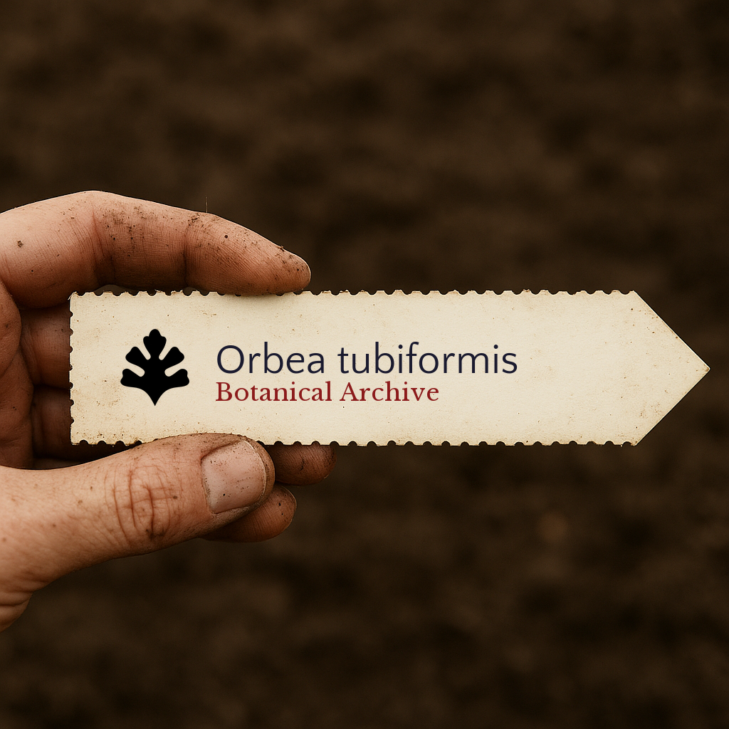 Printed plant label for Orbea tubiformis held by hand over soil background