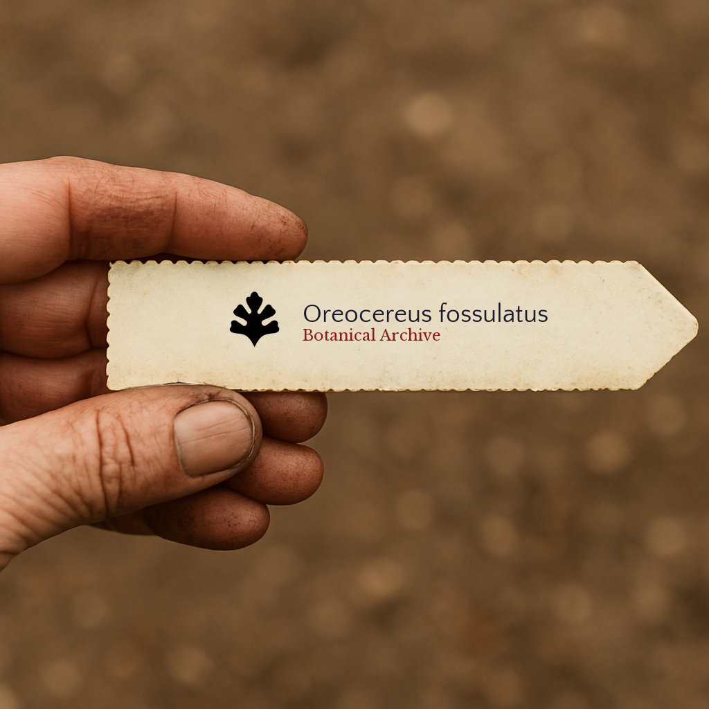 Printed plant label for Oreocereus fossulatus held by hand with dirt background