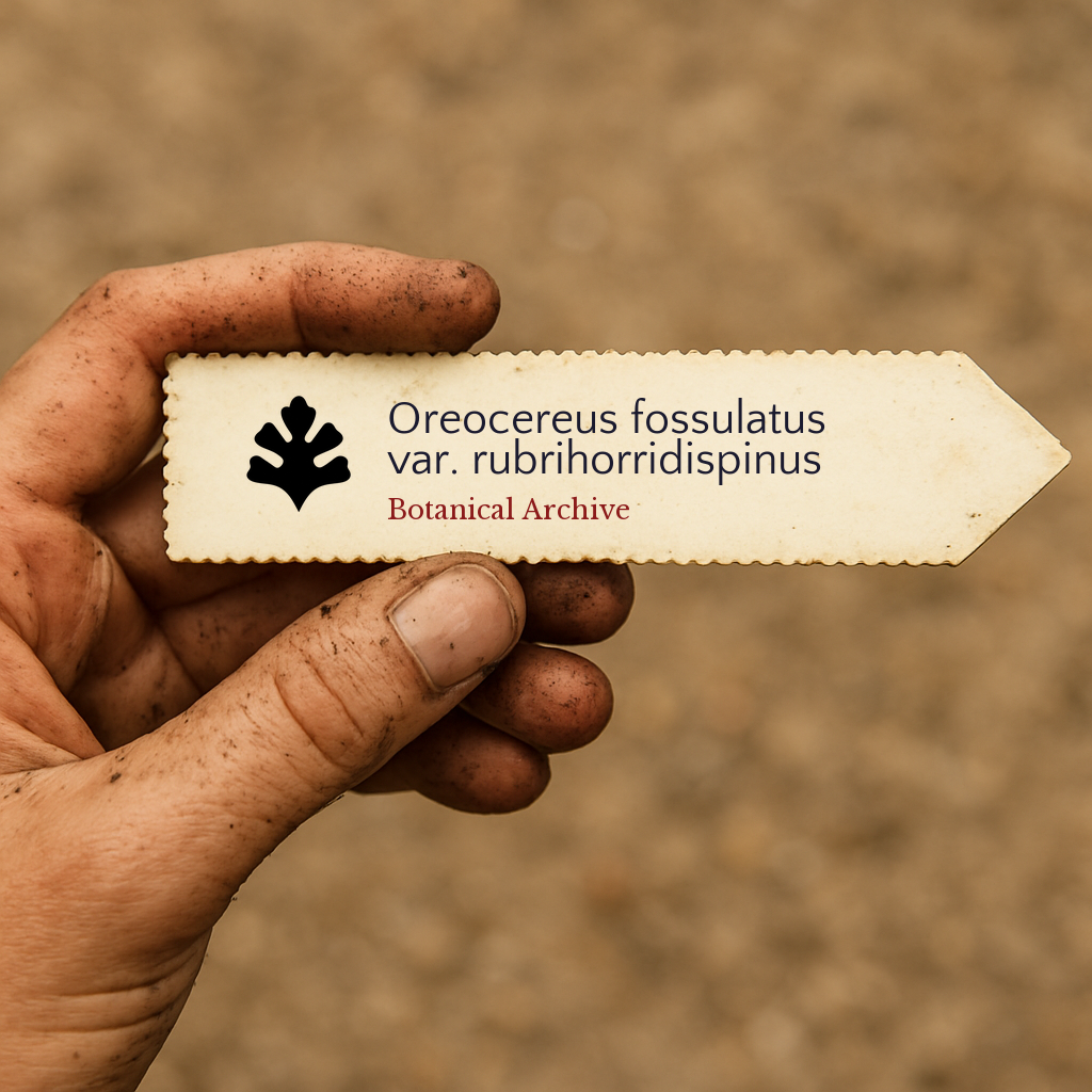 Printed plant label for Oreocereus fossulatus var. rubrihorridispinus held in dirty hand outdoors