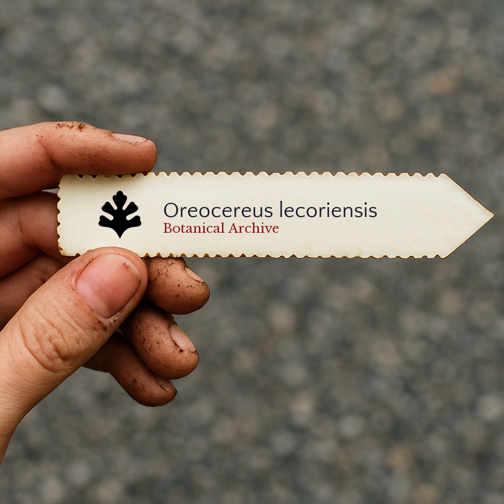 Printed plant label for Oreocereus lecoriensis with botanical archive logo held by hand
