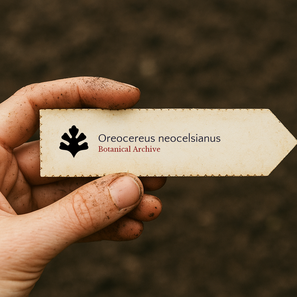 Printed plant label for Oreocereus neocelsianus held by dirty hand outdoors