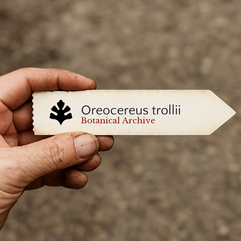 Printed plant label for Oreocereus trollii with botanical archive logo held in hand