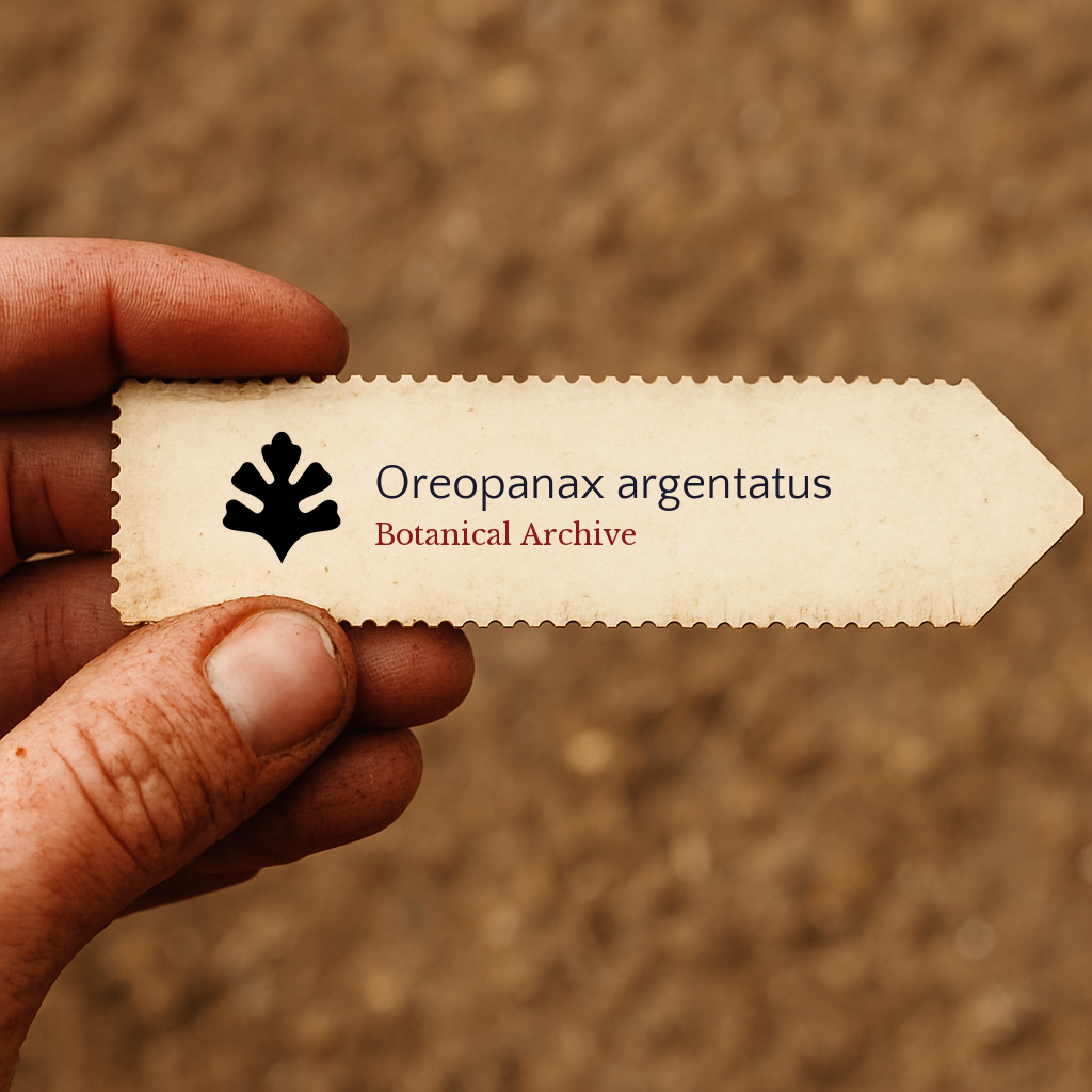 Etichetta vegetale stampata per Oreopanax argentatus con il logo Botanical Archive tenuta a mano