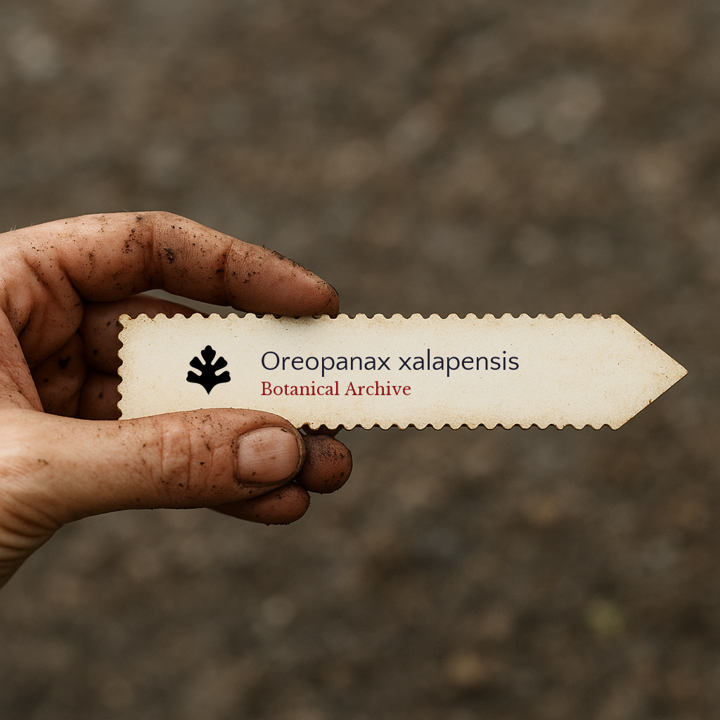 Etichetta stampata per pianta di Oreopanax xalapensis tenuta da mano sporca all'aperto