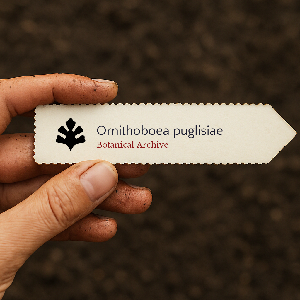 Printed plant label for Ornithoboea puglisiae held by hand with soil background