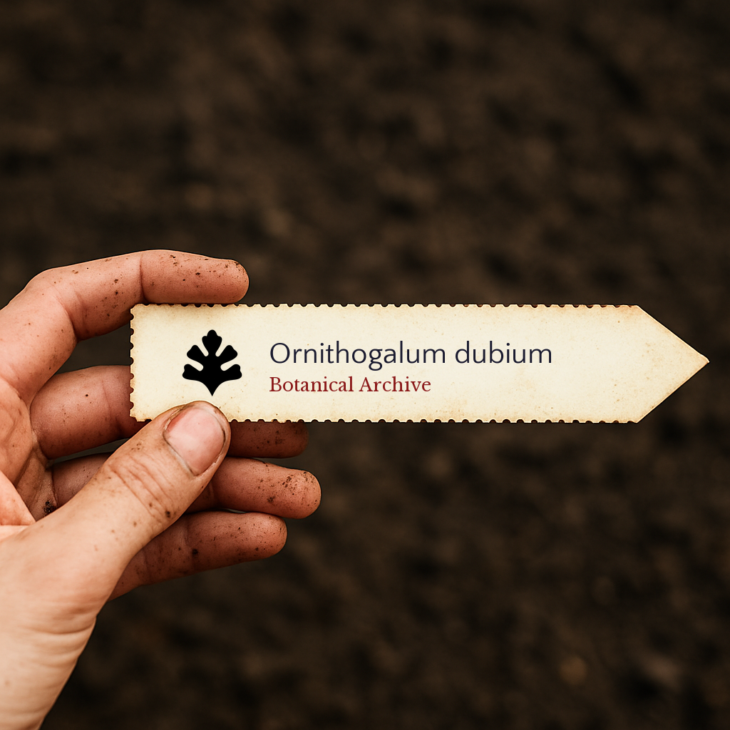 Printed plant label for Ornithogalum dubium held by hand over soil background