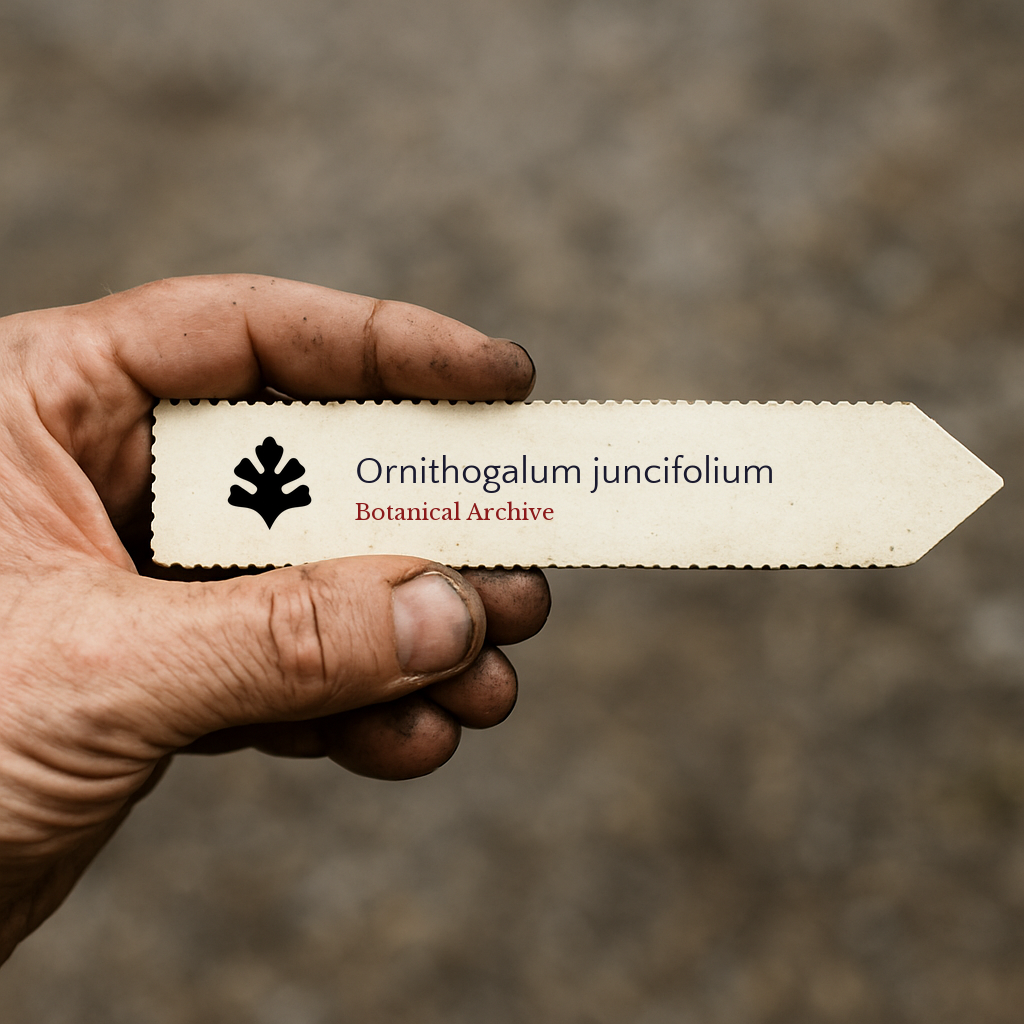 Etichetta per pianta stampata per Ornithogalum juncifolium tenuta da una mano sporca