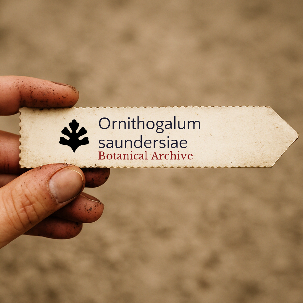 Etichetta della pianta stampata per Ornithogalum saundersiae Botanical Archive tenuta a mano con dita macchiate di terra
