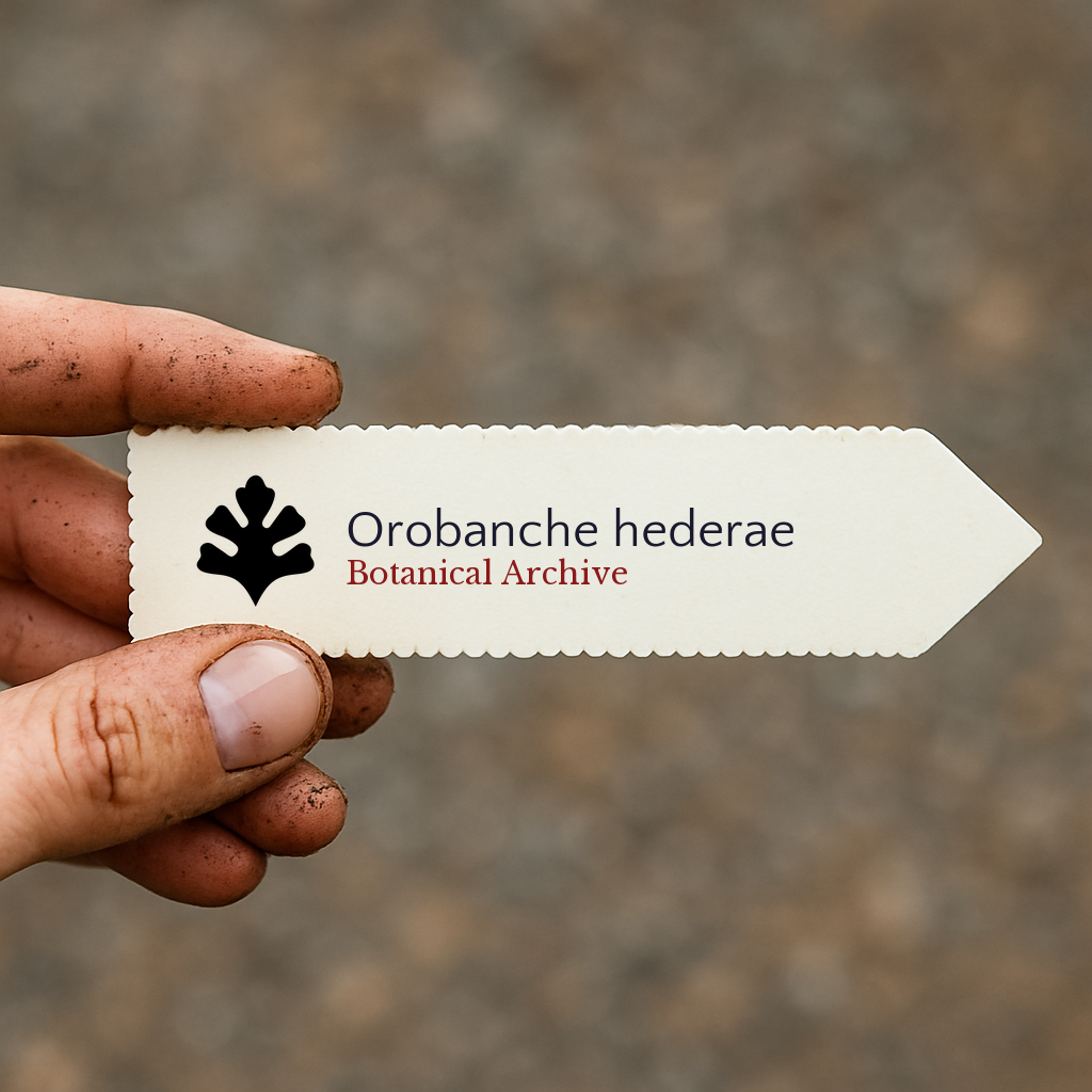 Printed plant label for Orobanche hederae with botanical archive logo held by dirty hand