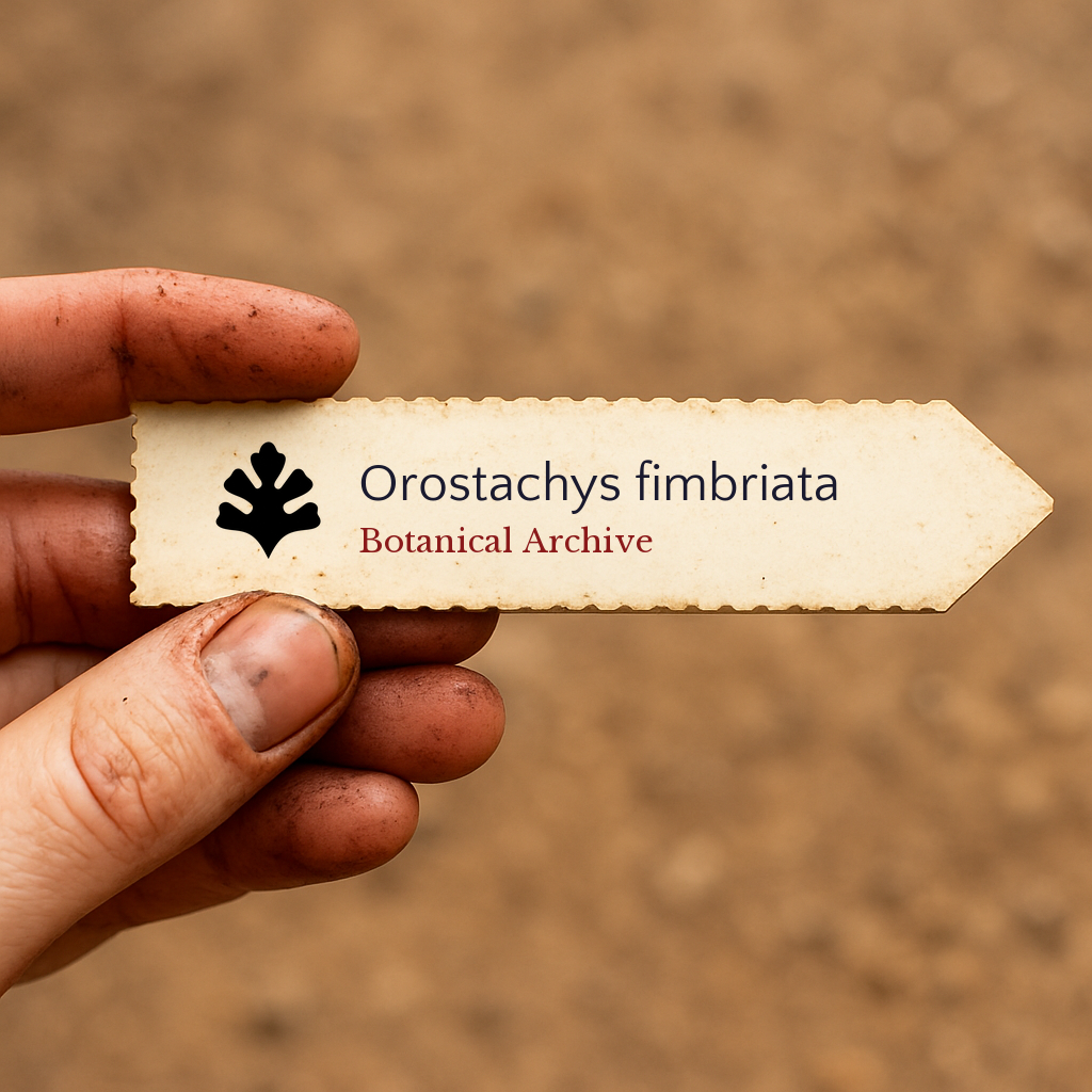 Printed plant label for Orostachys fimbriata held by dirty hand with soil background