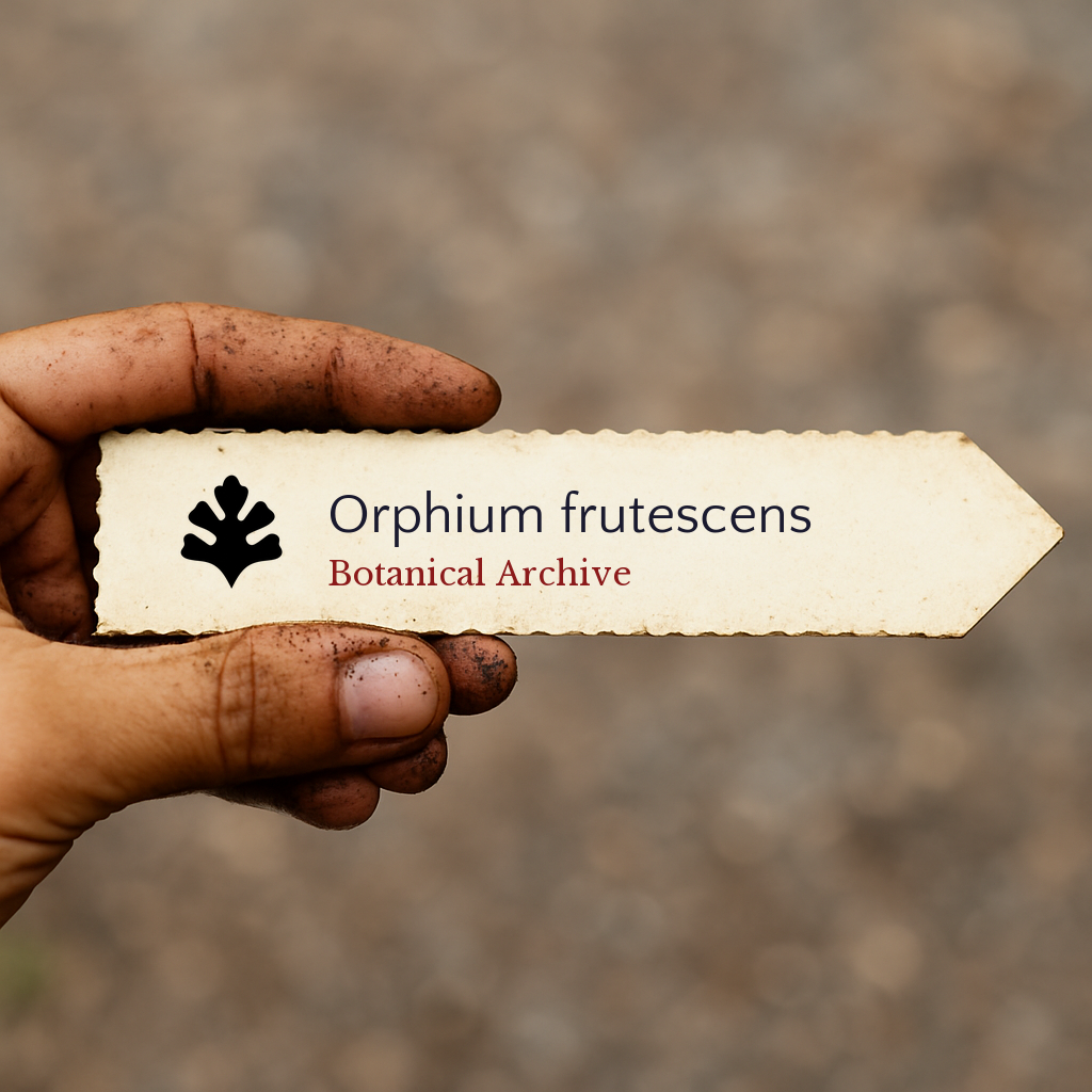 Etichetta stampata per pianta di Orphium frutescens tenuta da mano sporca all'aperto