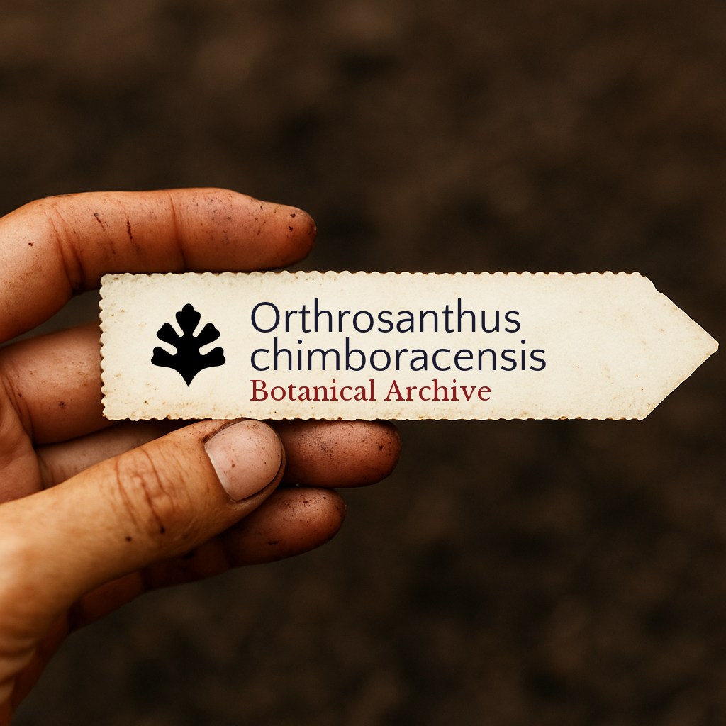 Etichetta per pianta stampata per Orthrosanthus chimboracensis tenuta da una mano sporca all'aperto