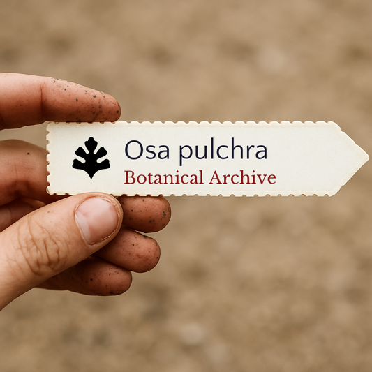 Etichetta plantare portatile stampata per Osa pulchra con logo Botanical Archive su sfondo beige