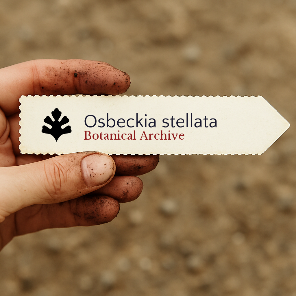 Etichetta piantina stampata per Osbeckia stellata tenuta da una mano sporca all’aperto