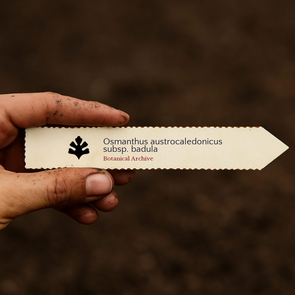Printed plant label for Osmanthus austrocaledonicus subsp. badula held by dirty hand over soil background